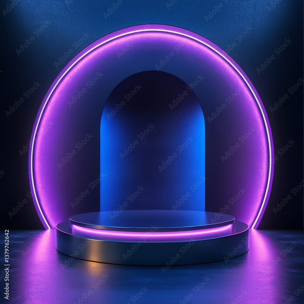 Poster futuristic platform with neon archway: elegant stage for product showcase, illuminated with vibrant 