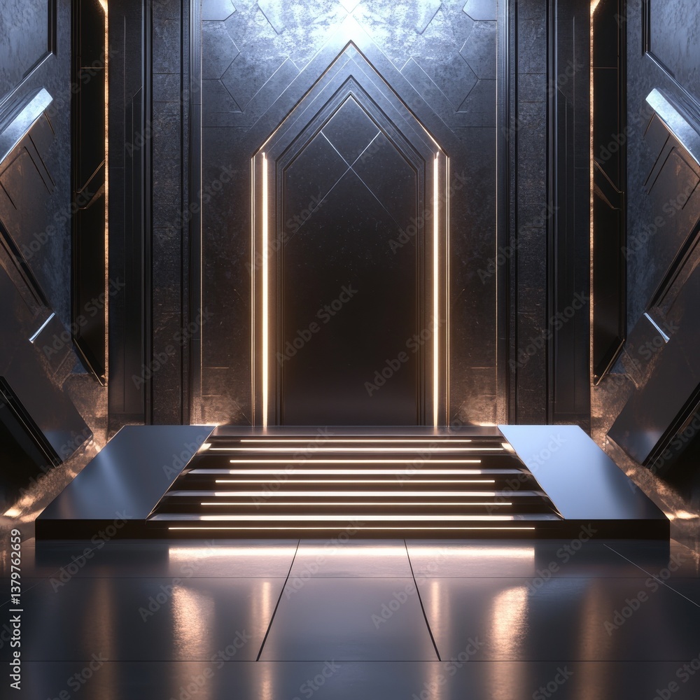 Poster futuristic portal chamber with glowing steps: a sleek vision of sci-fi architecture and minimalist d