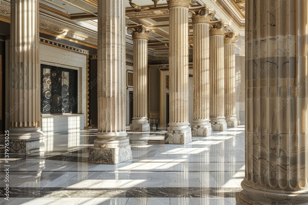 Aufkleber an image showcasing the intricate details of ionic columns in a grand hallway, bathed in soft, natur