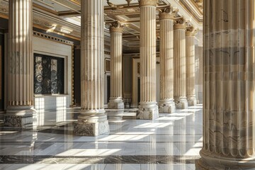 Fototapeta premium An image showcasing the intricate details of Ionic columns in a grand hallway, bathed in soft, natural light, Replicate the intricate details of Ionic columns in a modern setting