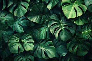 Lush green monstera leaves creating a vibrant tropical backdrop in natural light during midday