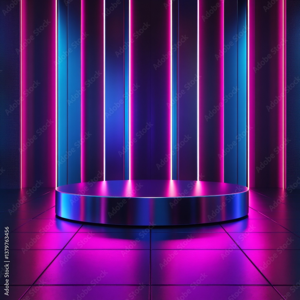 Poster Neon Platform: Abstract Stage with Cyan and Magenta Lights for Product Display and Presentations