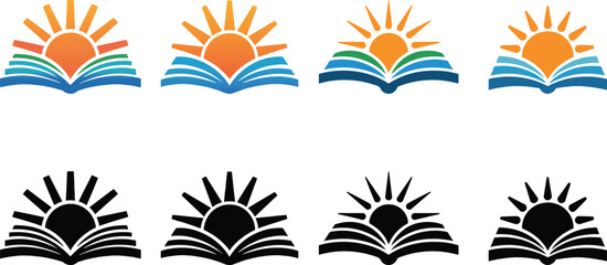 Set of Education Logos – Open Book with Rising Sun for Learning and Inspiration vector