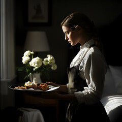 A Victorian maid delivering a tray of food to a bedroom, with a vase of fresh flowers placed on the nightstand.

