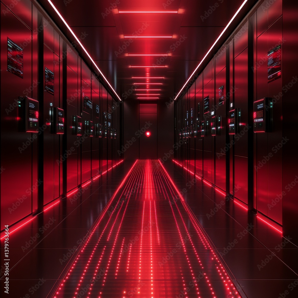 Poster Red Illuminated Data Center Corridor with Servers and Digital Displays Showing Information Flow