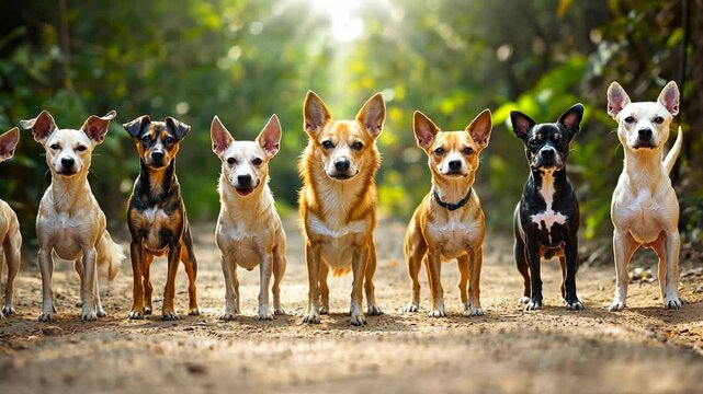 Group of Happy Dogs Standing in a Row on a Dirt Path in Nature