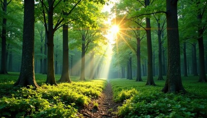 Obraz premium Panorama of forest with sunlight filtering through trees, landscape, forest, serene