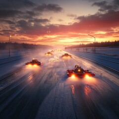 Winter Sunset Snowplow Convoy: A Line of Snowplows Clears the Road Under a Dramatic Sunset Sky.