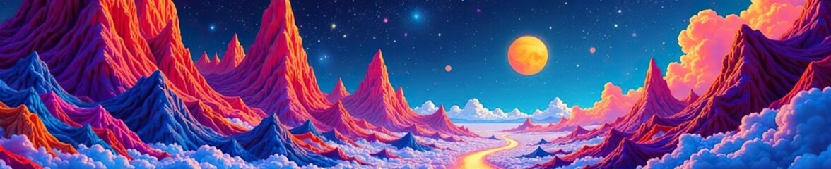 Fototapeta premium Abstract and surreal digital artwork with vibrant colors and intricate patterns, representing a psychedelic journey through imaginative landscapes, abstract, digital