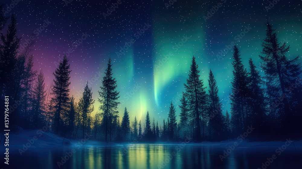 Poster serene forest landscape illuminated by vibrant colors of aurora borealis, reflecting on calm water s