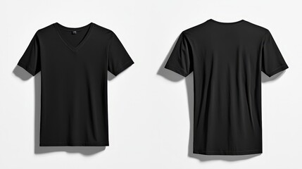 Plain black v-neck t-shirt front and back view on white background
