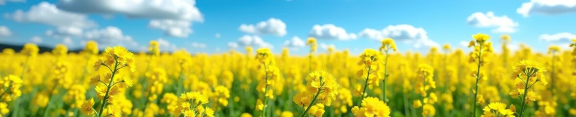 Fototapeta premium A beautiful field of bright yellow Rape flowers under a clear blue sky, scenic, bloom