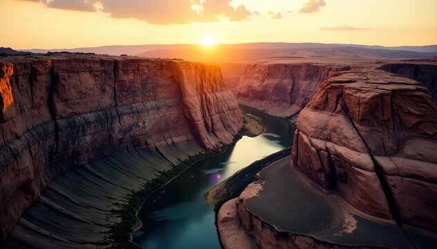 Aerial shot of Eldgja canyon glowing under soft golden light in 4K resolution,  Eldgja canyon,  aerial view