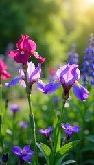 A beautiful garden filled with columbine, iris and lupine flowers against a blurred background,  spring,  lupine