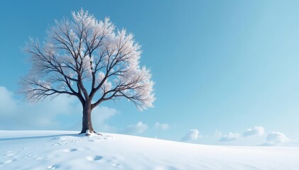 A tree in a snowy landscape with bare branches, landscape, solo tree