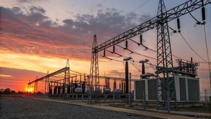 Powerful Sunset substation utilizes high-voltage switchgear and transmission towers for grid energy.