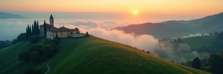 Obraz premium Aerial view of fog covered Tuscany landscape at sunrise, European, hills