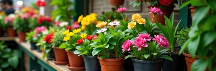 Fototapeta premium Assorted potted plants of various sizes and colors displayed at a flower shop, gardening, botanical