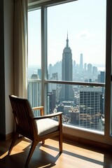 A wooden chair overlooking a city skyline on a balcony,  outdoor, wooden chair