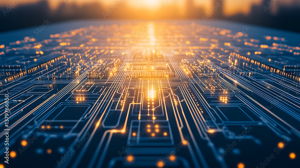 Aufkleber a futuristic view of illuminated circuit board with a setting sun in the background, suggesting tech