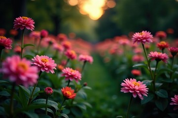 Blurred, out-of-focus late evening flowers in a garden, intricate design , texture, evening, nature
