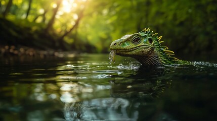 Obraz premium Swimming green lizard in serene forest stream nature photography close-up environment fresh perspective