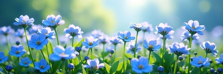 Fototapeta premium Beautiful panoramic spring background filled with vibrant forget-me-not flowers, colorful, background