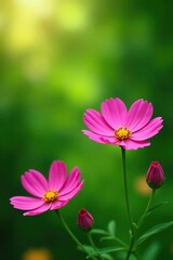 Fototapeta premium Background of lush green garden with bright pink Cosmos flowers blossoming in full bloom, vibrant, nature