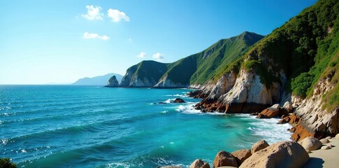 Obraz premium Beautiful panoramic view of rocky cliffs and turquoise waters along the coast of Coromandel Peninsula, turquoise waters, Coromandel Peninsula
