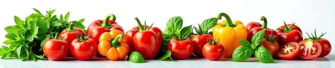 Assortment of fresh organic vegetables and herbs including tomatoes, bell peppers, basil, and rosemary on a clean white background,  rosemary,  cooking