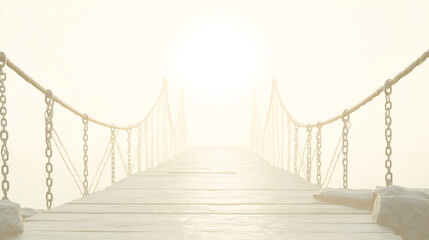 Obraz premium a wooden suspension bridge disappearing into a dense, ethereal fog. The bridge's structure, with its wooden planks and chain railings, leads the eye towards a bright, obscured horizon