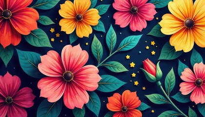 Bold blooming floral pattern, vibrant jewel tones, luxurious, rich