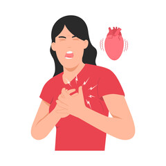 Woman has heart attack, heart disease, cardiac failure. Vector illustration isolated on white background.