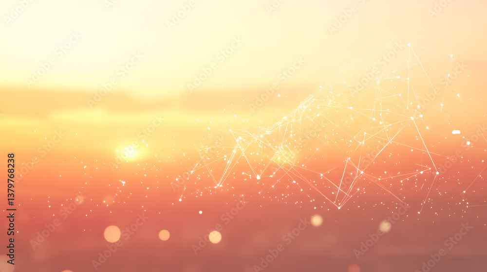 Poster an abstract image of a network of lines and dots layered over a sunset. the colors blend from orange