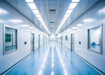 Pristine pharmaceutical cleanroom: industrial yet sterile, showcasing minimalist design and advanced technology.