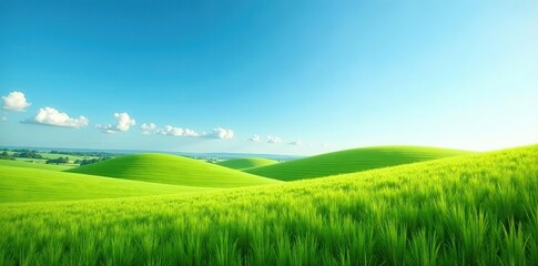 Fototapeta premium Beautiful rural landscape with rolling fields of grass under a clear blue sky, agriculture, rural
