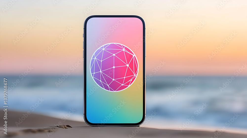 Poster smartphone displaying a colorful abstract design, placed on a sandy beach with a blurred ocean and s
