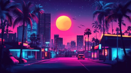 Synthwave Cityscape: Retrofuturistic Sunset Boulevard