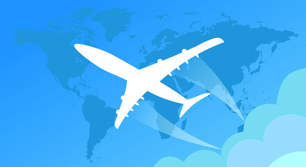 Naklejka premium White passenger plane flies against the background of the world map, blue background. Copy space.