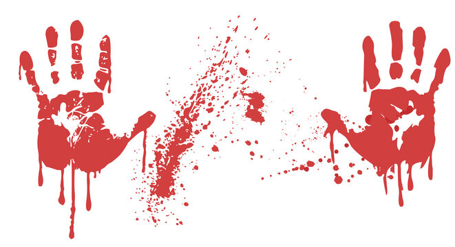 Bloody handprints with drops on white background. Crimes against humanity concept. Copy space.