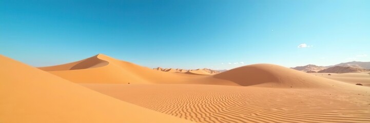 A stark desert landscape with rolling dunes under a bright blue sky,  four,  rocky