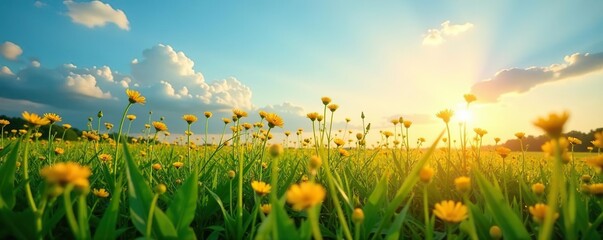 Beautiful summer landscape with tall flowering grass on green meadow, glowing in the light of sunrise or sunset, set against a stunning blue sky, summer,  tall grass