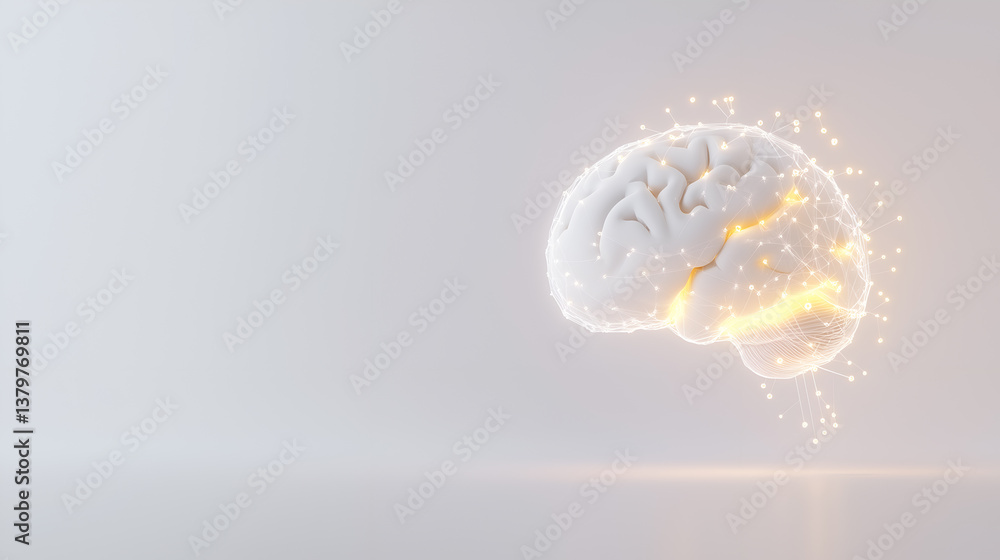 Poster a 3d illustration of a brain illuminated with glowing particles, signifying intelligence and thought