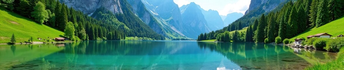 Fototapeta premium Beautiful landscape of Lago d'Antorno in Parco Naturale Tre Cime, Dolomites, Italy with crystal clear water, lush greenery, and towering mountains in the background, landscape, scenic