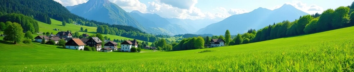 Beautiful landscape of Rheintal in Canton St Gallen, Switzerland with lush green fields, charming villages, and the Alps in the background,  nature,  picturesque