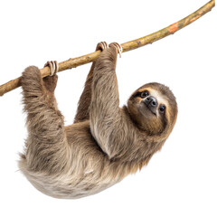 Fototapeta premium Charming Three-Toed Sloth Hanging from Invisible Branch Isolated on White