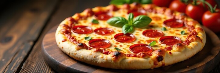 A delicious pepperoni pizza with gooey melted cheese and crispy crust, surrounded by fresh ingredients on a wooden background, Pizza,  meal