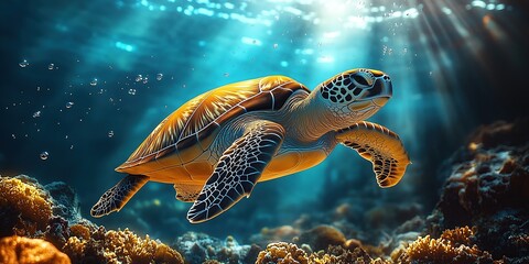 Obraz premium ai generated image of a sea turtle swimming in the sea near the coral reefs