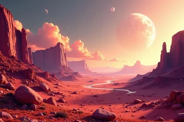Selbstklebende Fototapeten Abstract digital artwork of vibrant and surreal Martian landscapes,  imagination,  red planet © wanlapa