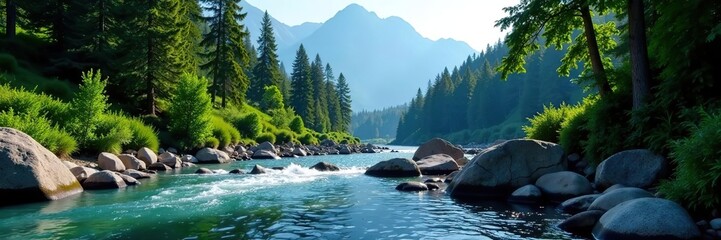 A serene mountain river flowing through a lush forest, with towering mountains in the background,  lush,  trees